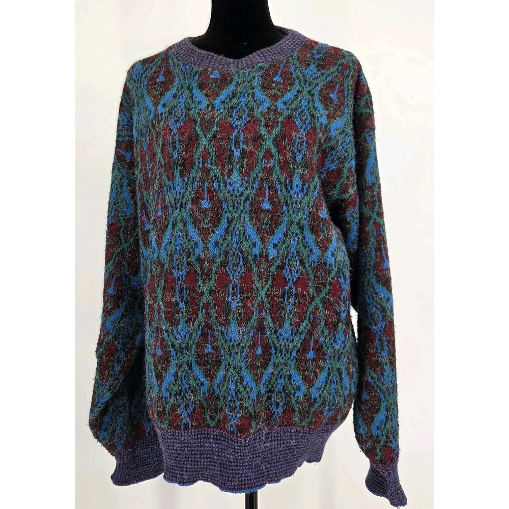 Vtg 70s 80s Puritan Diamond Sweater Fuzzy Made in USA Crazy Multi Acrylic Nylon